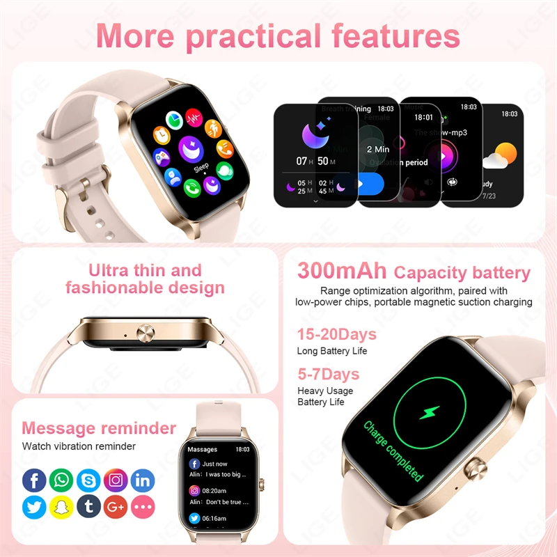 LIGE Women Simplicity Smart Watch 1.85” HD Screen Custom Face Women Health Monitor Watch Bluetooth Call Sports Smartwatch Men