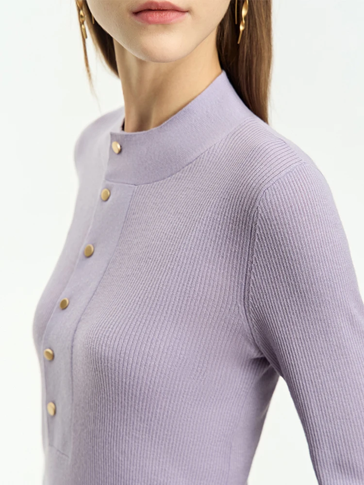 AMII Minimalist 2023 Autumn Women Sweaters New Simple Solid Slim-fit Long Sleeve Breasted Mock Neck Female Pullovers 12323096