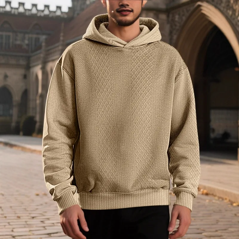 Men's Solid Jacquard Hoodie Autumn Winter Loose Warm Pullover Long Sleeve Casual Commute Sweatshirt