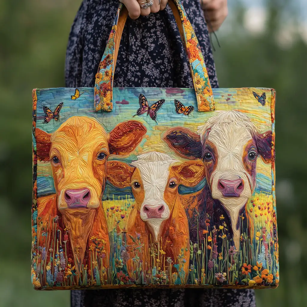 

Художественная стеганая сумка-тоут с принтом «Высокогорная корова» и цветочным узором, в стиле бохо, с бабочками, повседневная сумка через плечо для путешествий и ежедневного использования