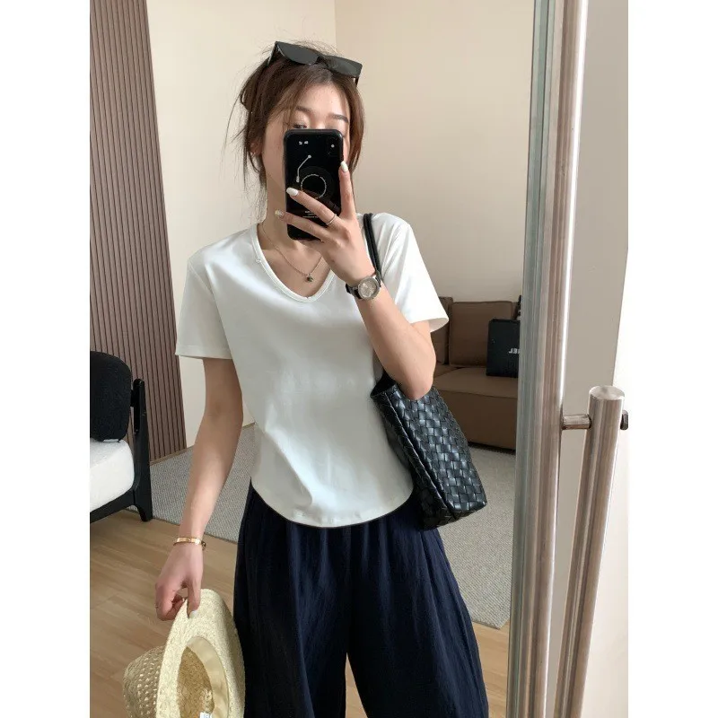 Slimming Heart Collar ort Sve T-irt Women Summer Waist Cinched Pleated Casual All-Match  Color Asymmetrical Top