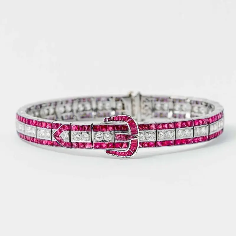 

BELLUX 925 Silver Gold-plated Synthetic Zircon GRC Lab Grown Pink Sapphire Art Deco Western Vintage Bracelet