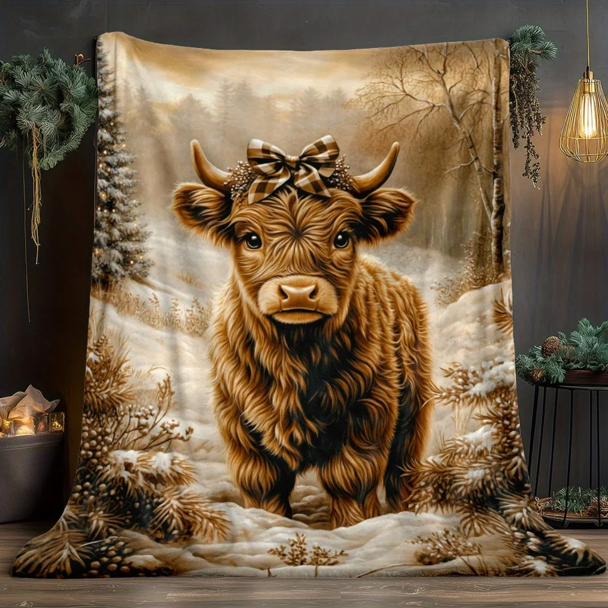 Highland Cow Blanket Adorable Snowy Winter Animal Plush Throw Soft Cozy Flannel Xmas Decoration & Birthday Gift for Cow Lovers