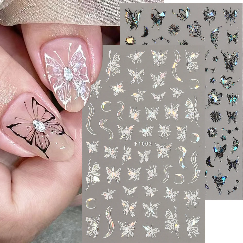 3D Holographic Butterfly Nail Adesivos, Manicure Decor, Folhas, Lua, Sol, Estrelas, Laser, decalques, Y2K, Preto, Branco, NLF1004