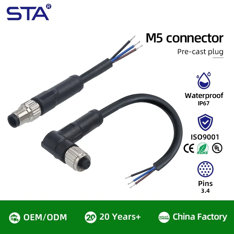 M5 IP67 Sensor Aviation Plug 3 4 Pin Male/female Cable PVC 1M Straight/Angled Waterproof Molded Connector