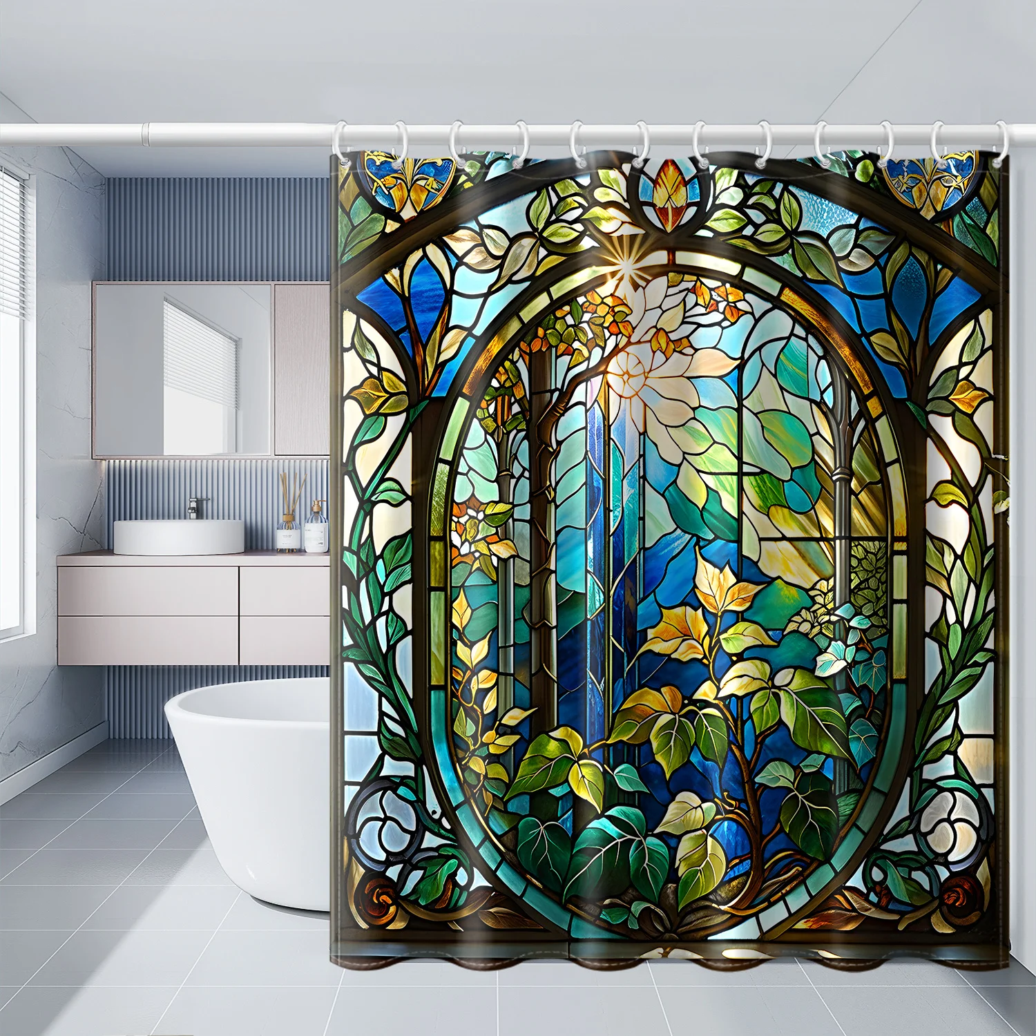 Vintage Art Nouveau Stained Glass Green Leaf Forest Sunlight Print Shower Curtain Waterproof Mildew Resistant With Plastic Hooks