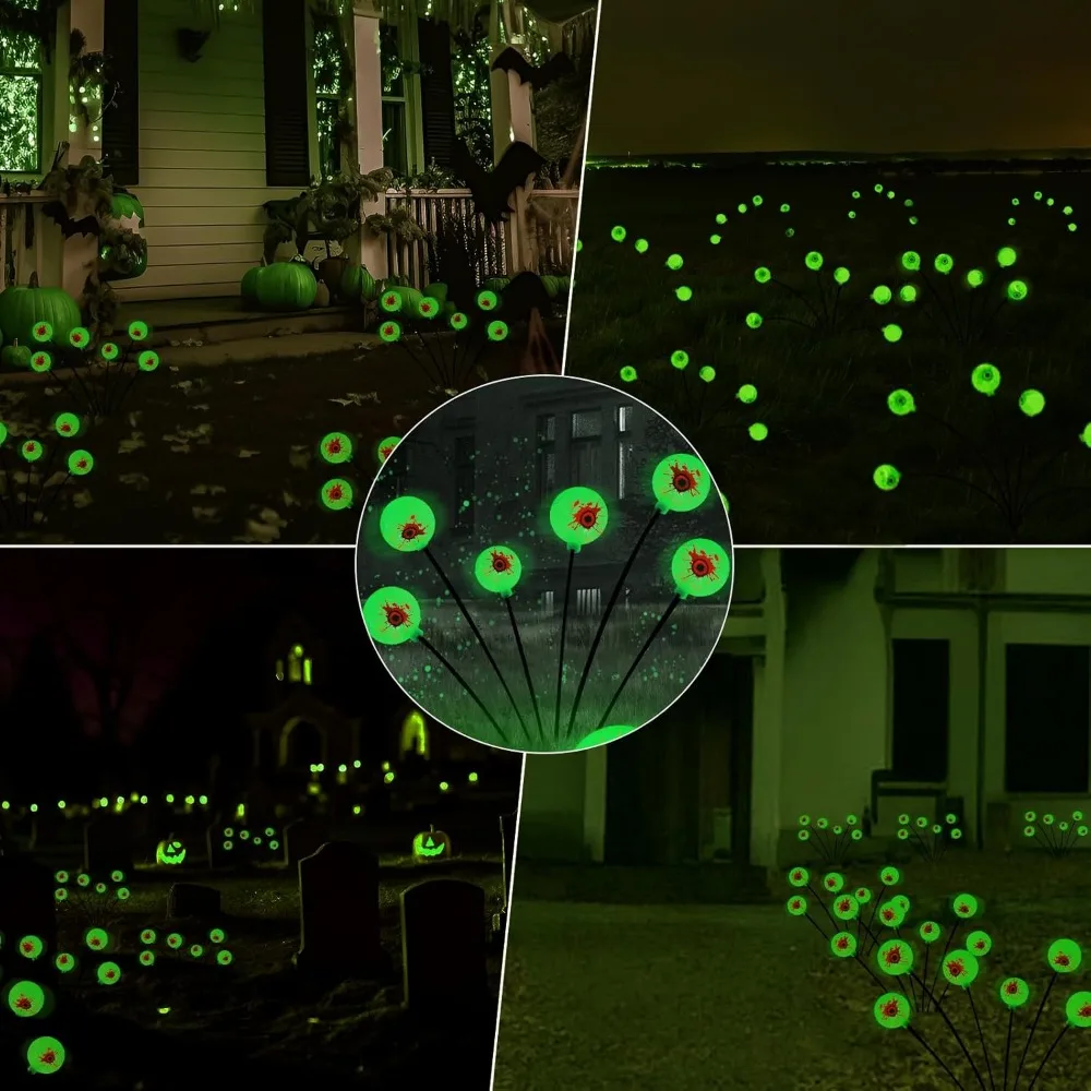 Assustador Sangramento Eyeballs, Solar-Lâmpadas, Impermeável, Swaying Firefly Lights, Halloween Party Decor, 12LED, 2 Pacotes