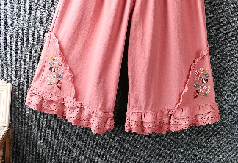 Summer Japanese Style Mori Gir Sweet Floral Embroidery Loose Wide Leg Pants Women Elastic Waist Vintage Cotton Linen Trousers