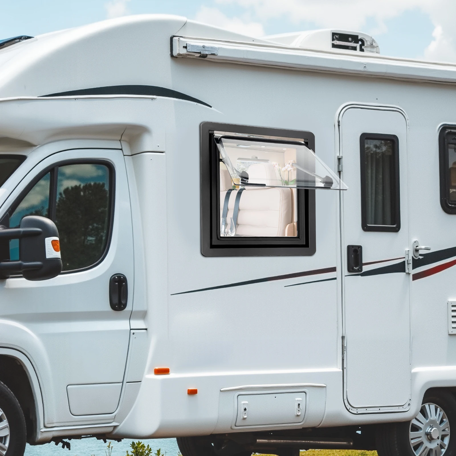450x500mm RV Push-Out Window 70° Adjustable Caravan Extrapolated Ventilation Window with Integrated Sunshade & Insect Net