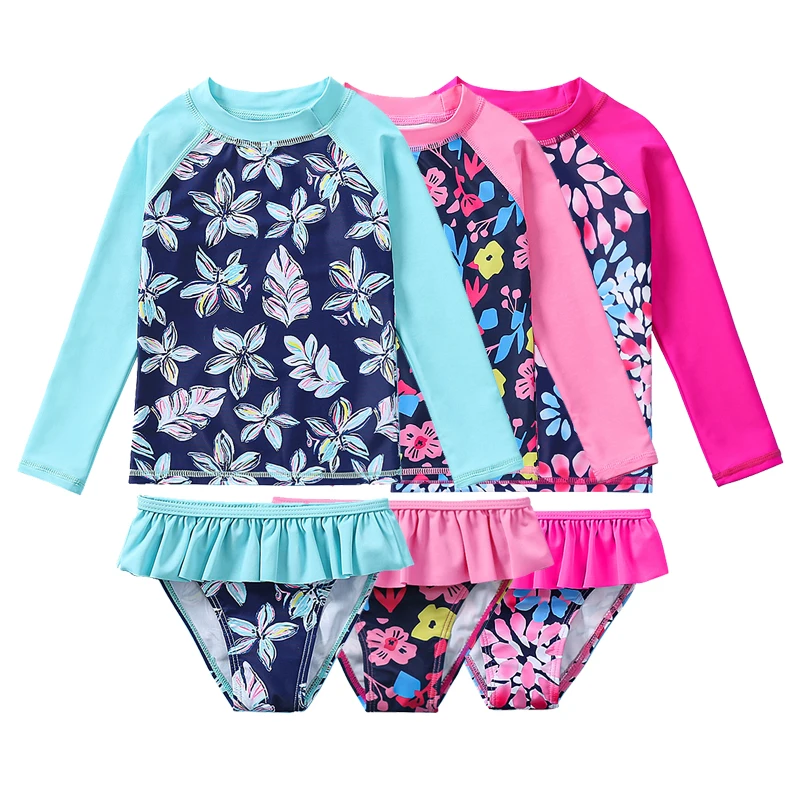 Toddler Kids Girls Swimsuit Summer Beach Printed Long Sleeve Two Piece Bathing Suit Quick Dry Surfing Bathing Suit Swimwear