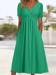 Elegant V Neck Crossover Wrap Bust Dresses Women Solid Color Short Sleeve Dress Summer Female Commuter Side Double Pockets Gown