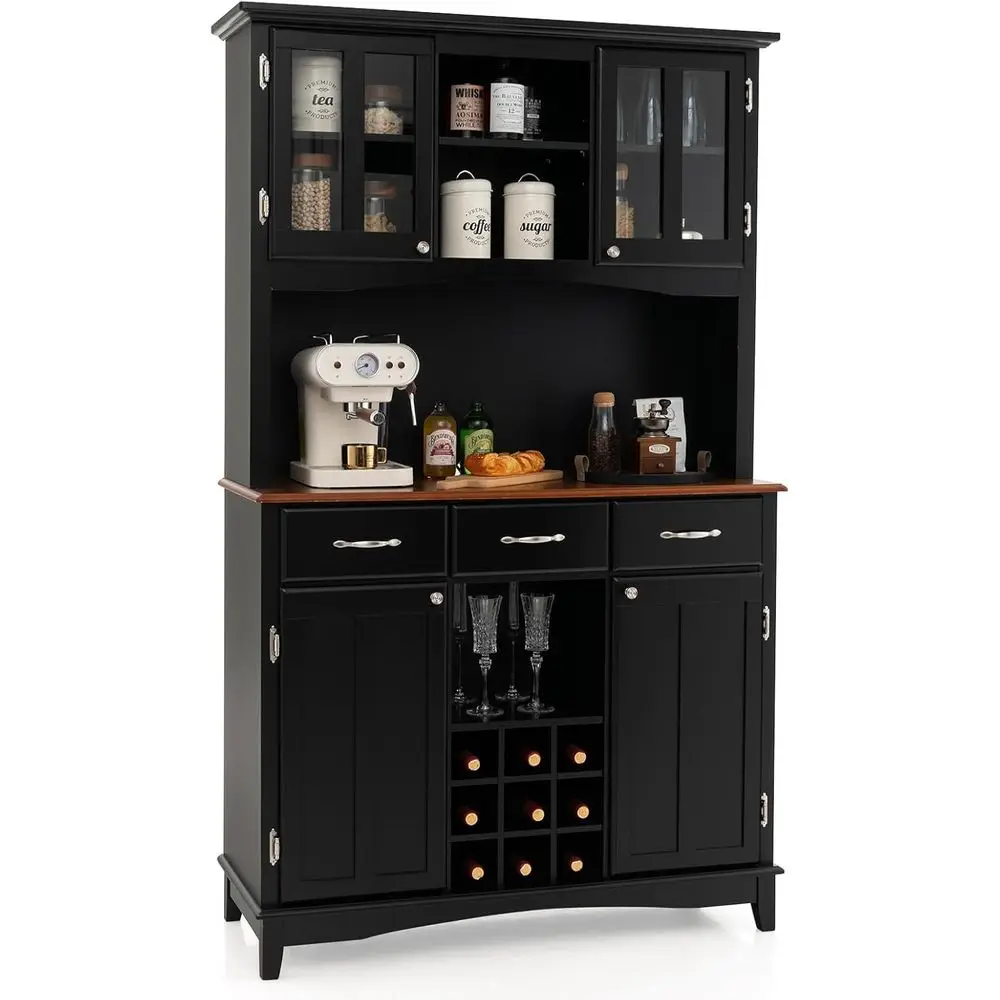 

Black Wooden Kitchen Hutch with Storage Island, 3 Drawers & 9 Bottle Racks