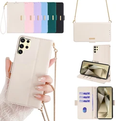 Luxury Crossbody Phone Case for Samsung Galaxy S24 S23 S22 S21 Ultra Plus FE Flip Cover RFID With Shoulder Strap and Wrist Strap
