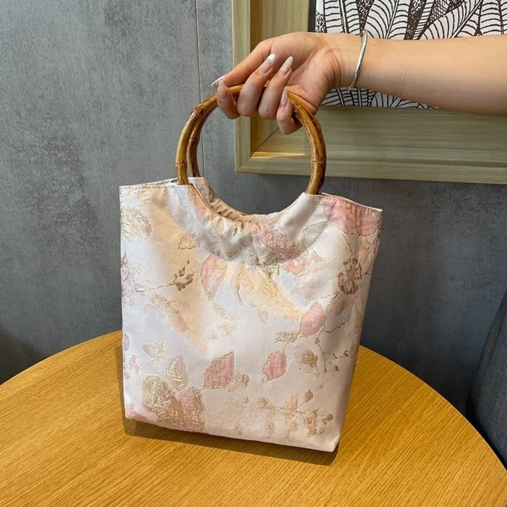 Chinese Style Jacquard Handbag Lightweight Floral Floral Fabric Top Handle Bag Top Handle Bamboo Circle Handle Handbag