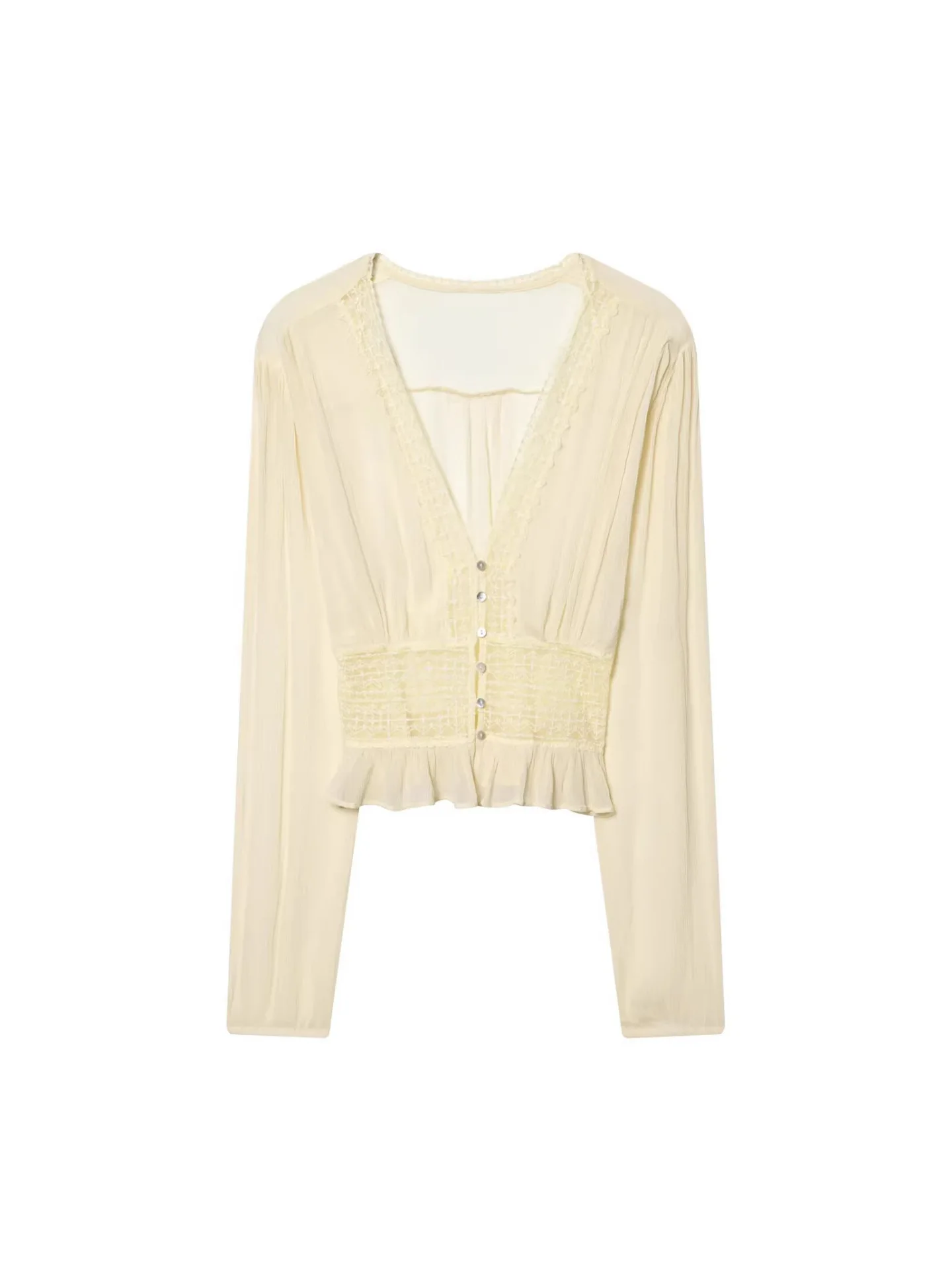 

Женская блузка с длинными рукавами и V-образным вырезом из кружевного шифона, новая французская модная приталенная модель