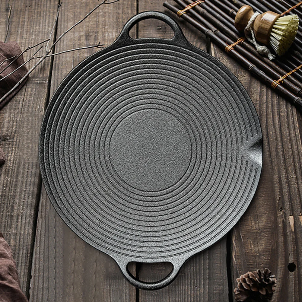 11.8/13.8/14.6 Inch BBQ Griddle with Handles Cast Iron Round Griddle Non Stick Baking Tray for Home Party Travel and Outdoor