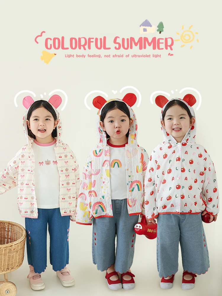 

Girls' Sunscreen Clothes 2024 Summer Children's Lively Cute Contrast Color Hooded Coat Trend