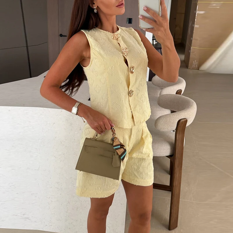 

Summer Elegant Print Button 2 Piece Set Office Fashion O-neck Top & Short Pant Suit Women Casual Sleeveless Solid Denim Outfits
