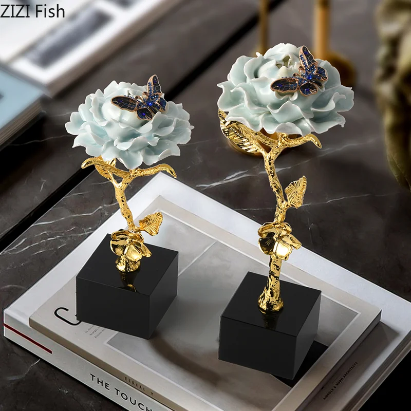 Metal Ceramic Flowers Ornament Living Room Decorative Crafts Sculpture Statue Household Accessories Figurines Miniatures Gift