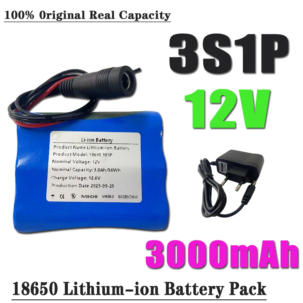 

18650 Lithium ion Battery Pack 3S1P 12V 3000mAh Rechargeable Suitable for CCTV Camera Cam Monitor Battery + charger