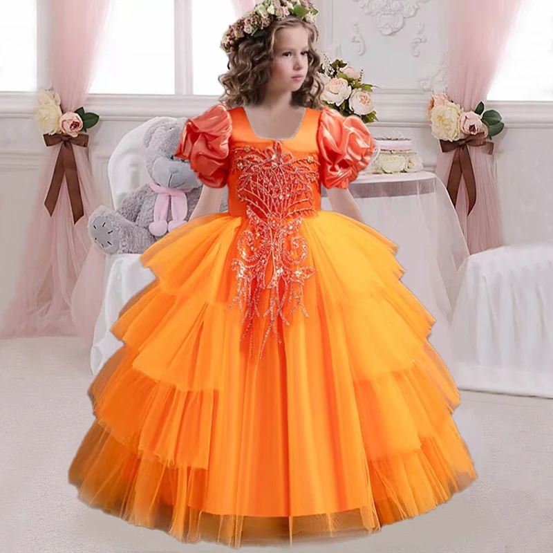 New girls' clothing long wedding bridesmaid dress suitable for children  elegant girls bubble sleeves Christmas performance dress - AliExpress 1501