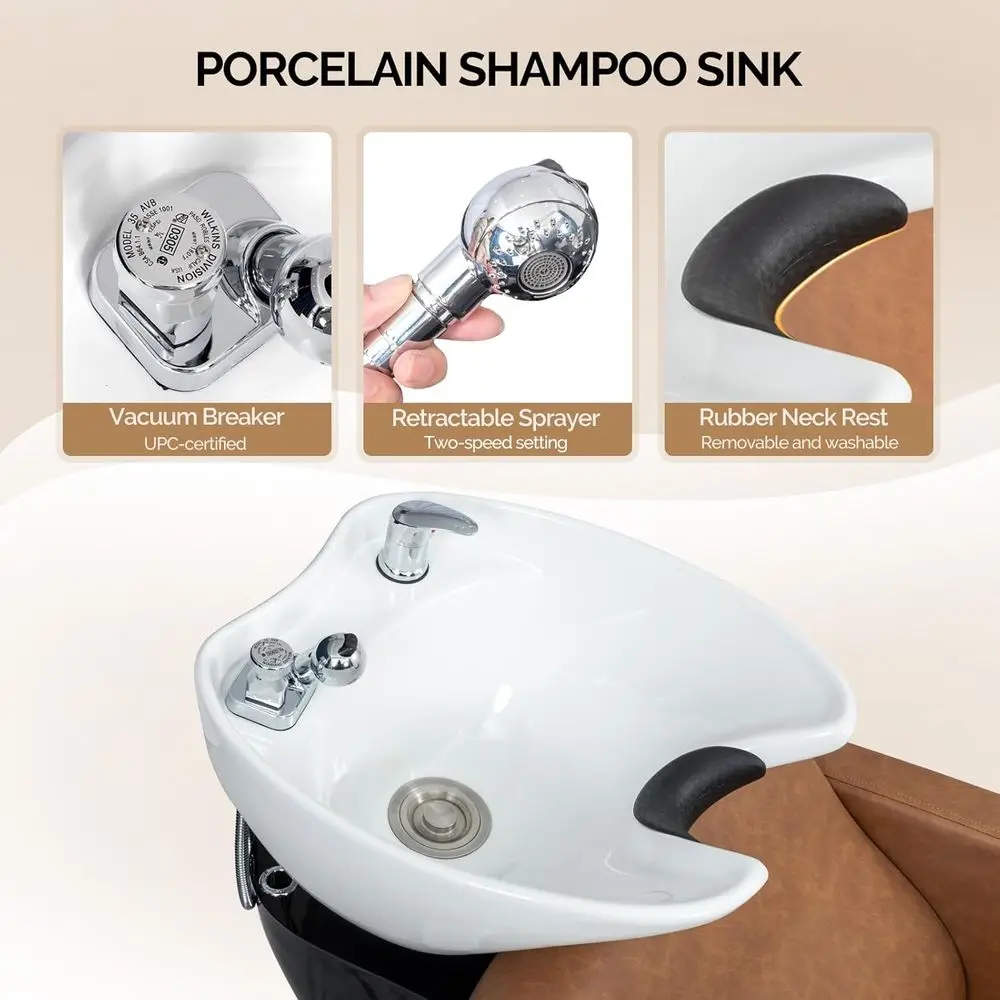 Extra Wide Seat Shampoo Chair & Porcelain Sink for Beauty Spa, Barbershop, Brown