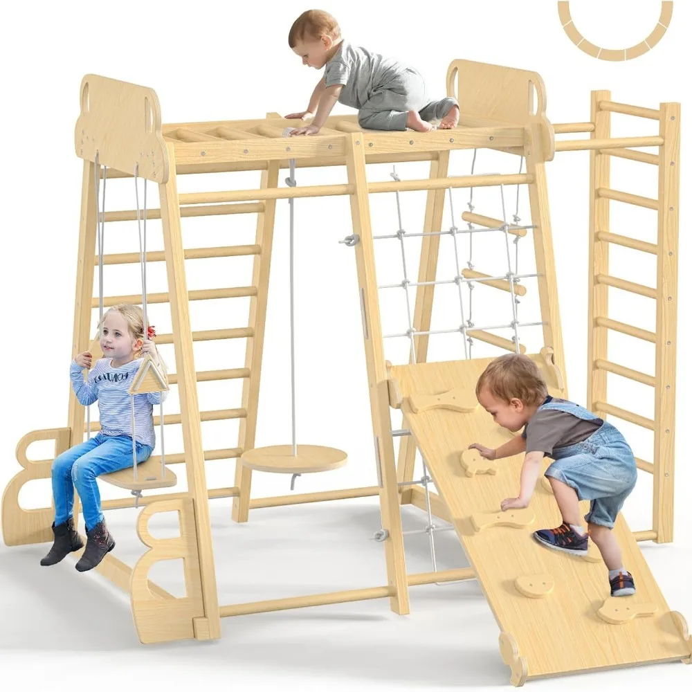 

Indoor Jungle Gym 9-in-1 Playground Kids Climbing Toys Wooden Climber Playset with Slide Swing Monkey Bars Rope Ladder Climb Net