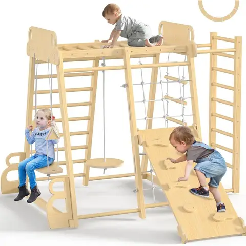Indoor Jungle Gym 9-in-1 Playground Kids Climbing Toys Wooden Climber Playset with Slide Swing Monkey Bars Rope Ladder Climb Net