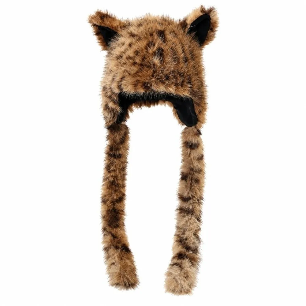 Long Braids Earflap Hat Thick Plush Soft Texture Faux Fur Cap Cozy Lining Leopard Pattern Leopard Print Beanie Women