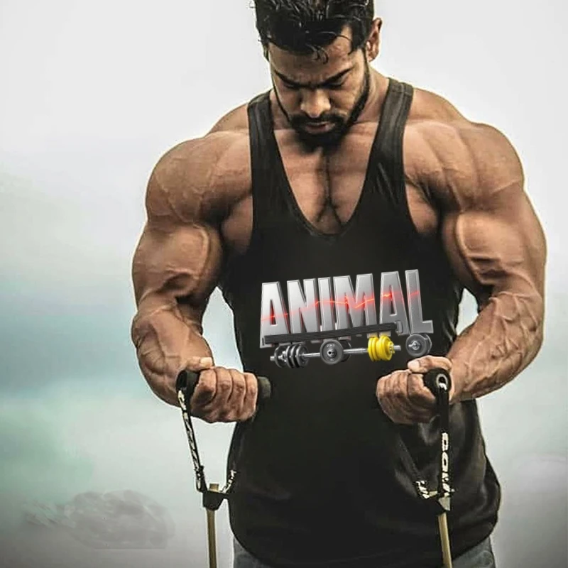 

Gym Top Muscular Man Fitness - ANIMAL Print Stringer Vest, Bodybuilding Sleeveless Shirt for Athletic Workout Singlets