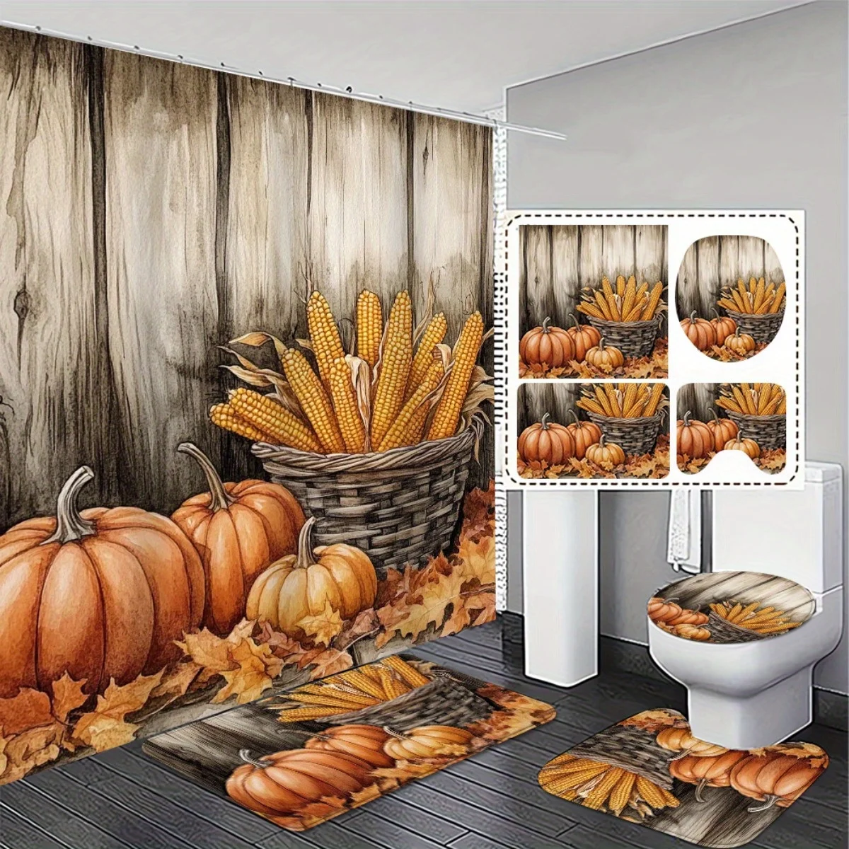 

4 шт., подарок на День Благодарения, набор занавесок для ванной комнаты с нескользящим ковриком и ковриком, осенняя ткань с кукурузной тыквой