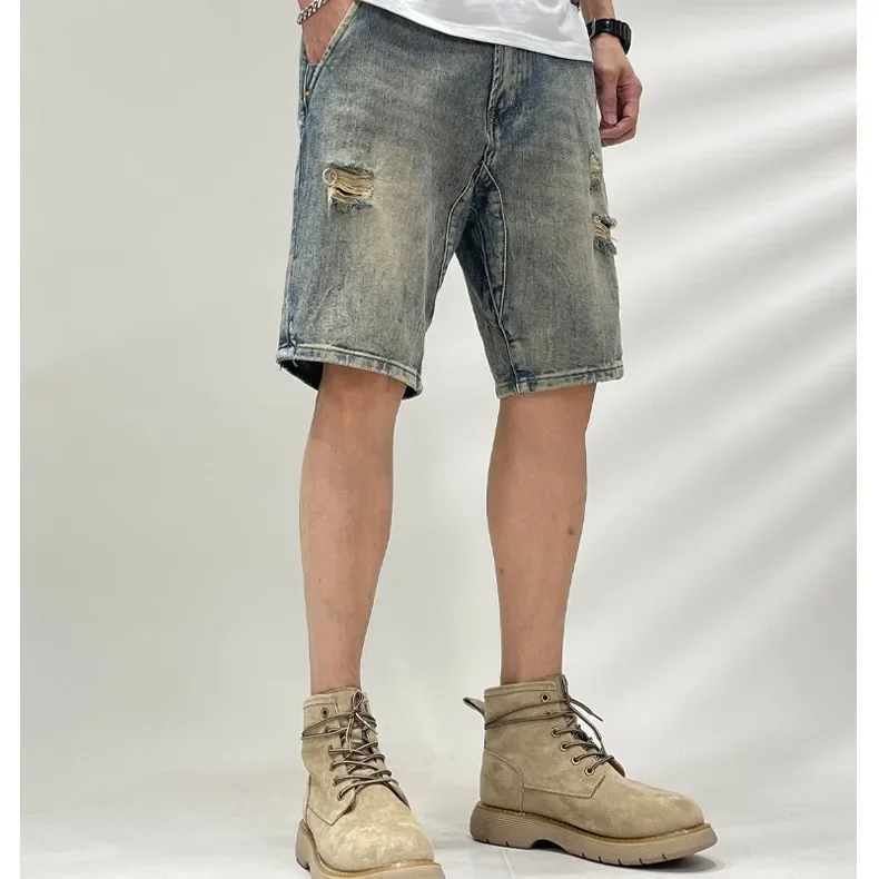 

Pop Summer Men's American New Fashion Casual Vintage Hole Patched Jeans Shorts Loose Trendy Knee Length Denim Shorts Streetwear