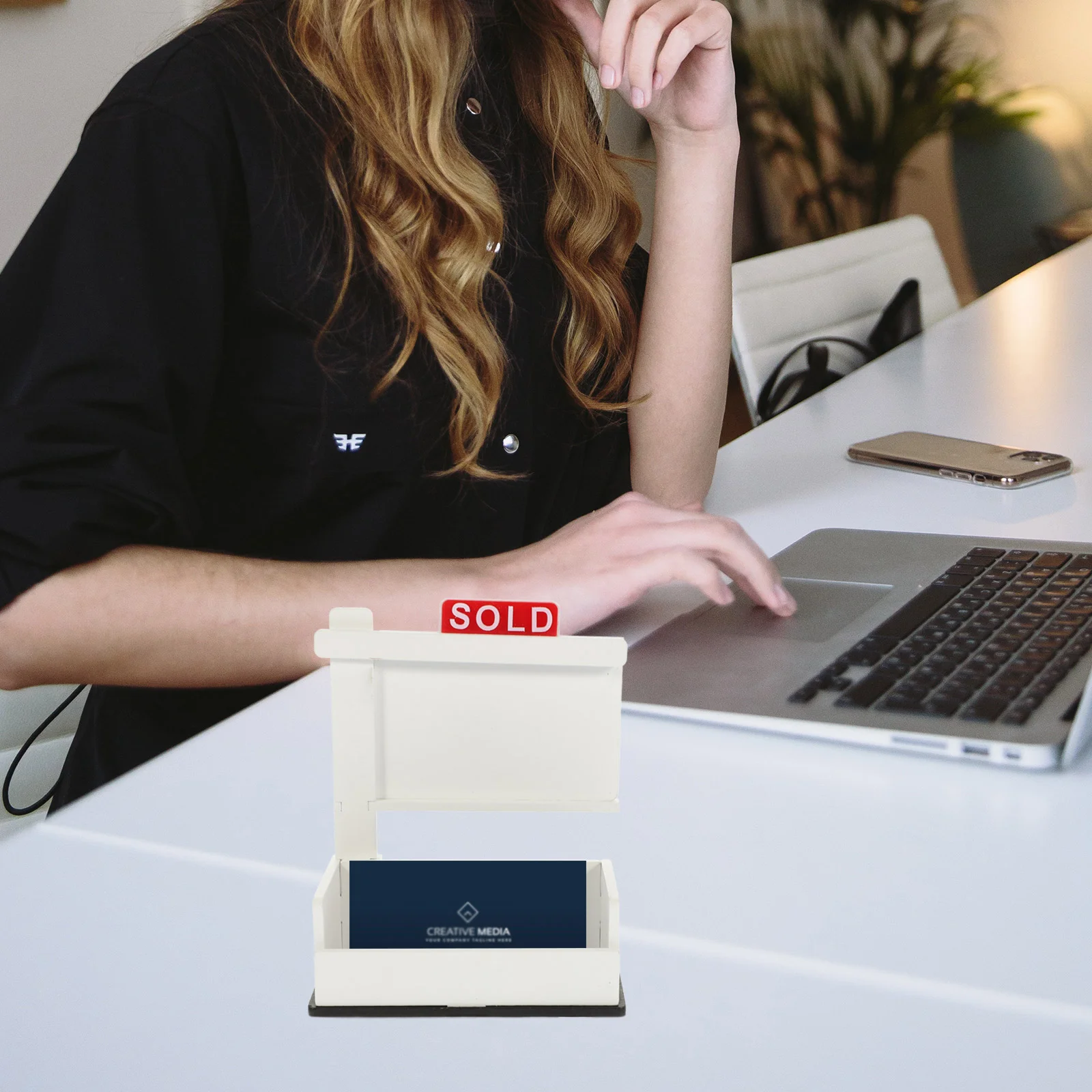 Business Card Holder Display Cards Desktop Clip Office Container Wooden Rack For