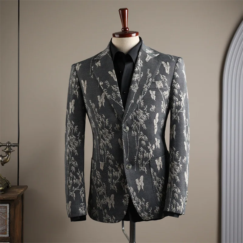 KIDWHXR Men Blazer Vintage Flower Printed Single-breasted Male Suit Coat Turn Down Collar Long Sleeve Man Business Outerwear