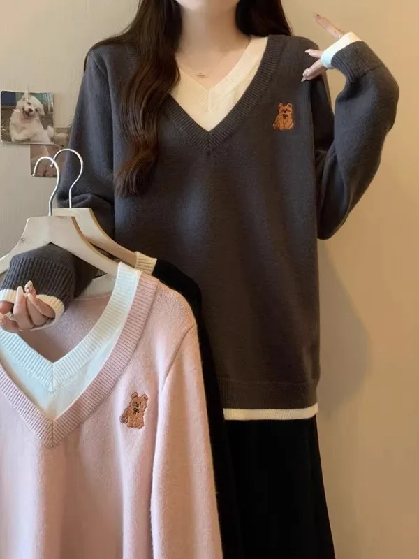 

Свободный вязаный свитер с медведем, женский длинный свек V-Ne, осень-зима, модный повседневный свитер, большой размер, внутренняя одежда, корейский сле