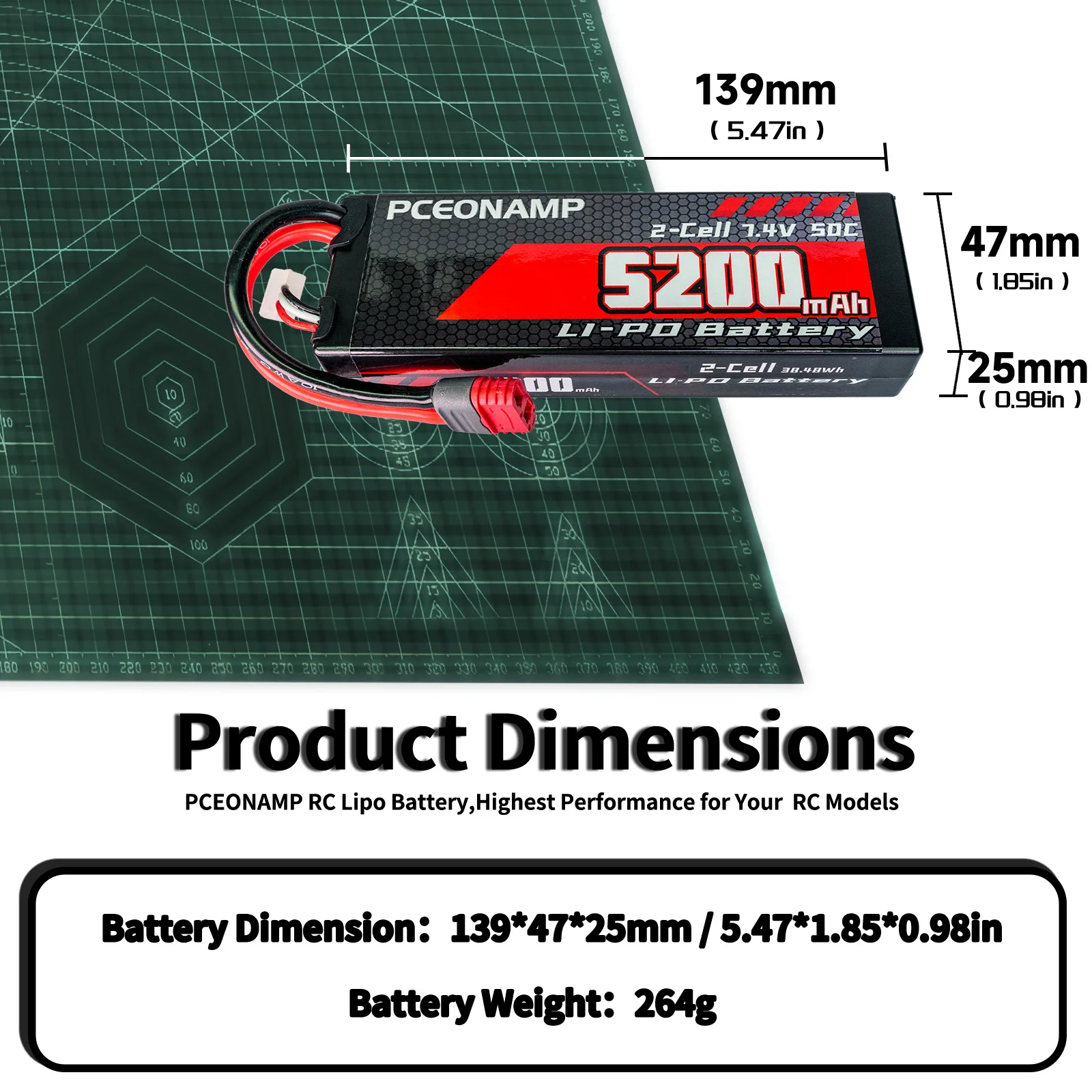 PCEONAMP 2S Lipo Battery 7.4V 50C 5200mAh with T Plug Rechargeable High Capacity RC Cars Battery Hard Case Fit for RC Car Trucks 1/8 1/10 High Speed RC Cars