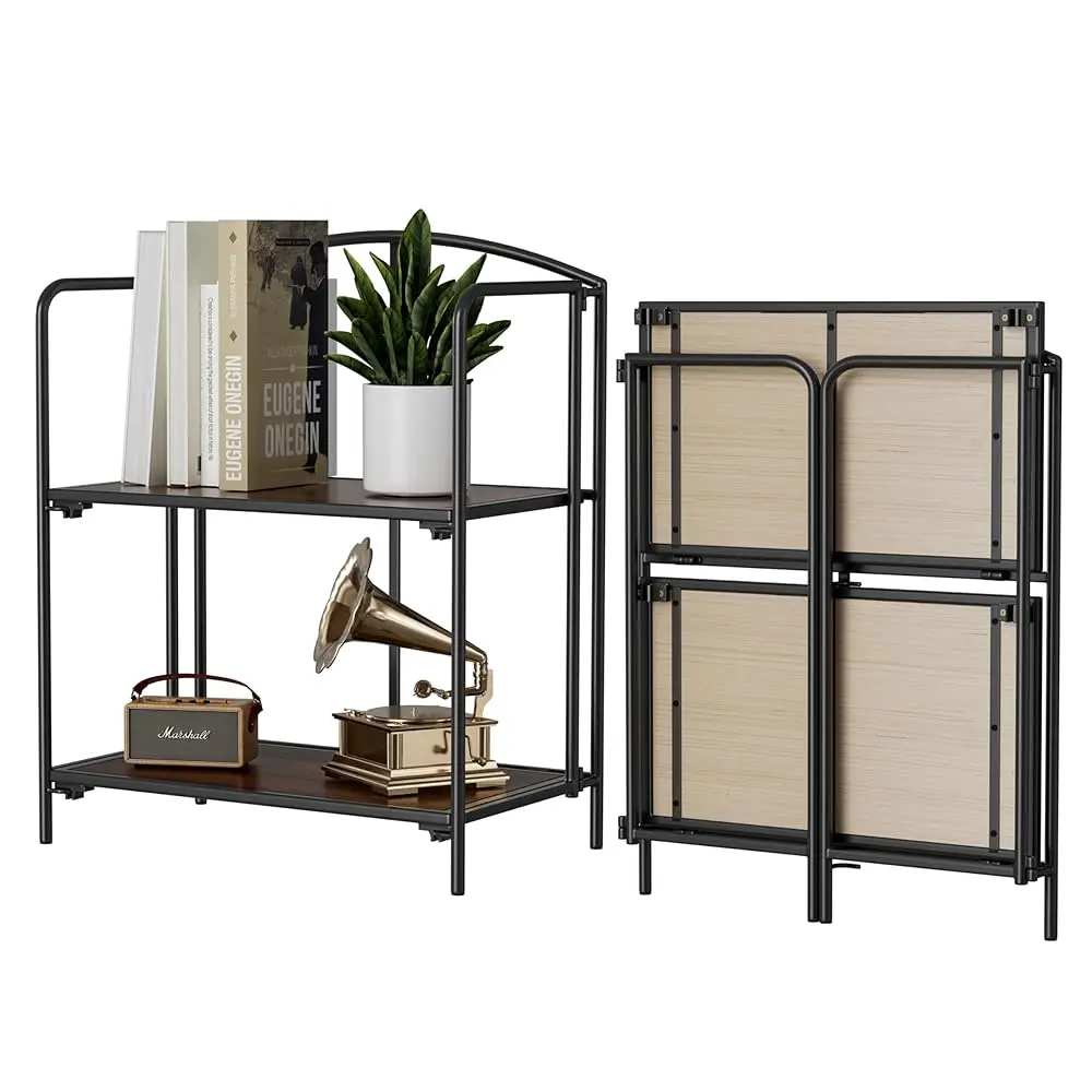 

No Assembly Folding Bookshelf For Living Room, 2 Tier Bla Collapsible Book Shelf For Home Office, Portable Bookcase Storage