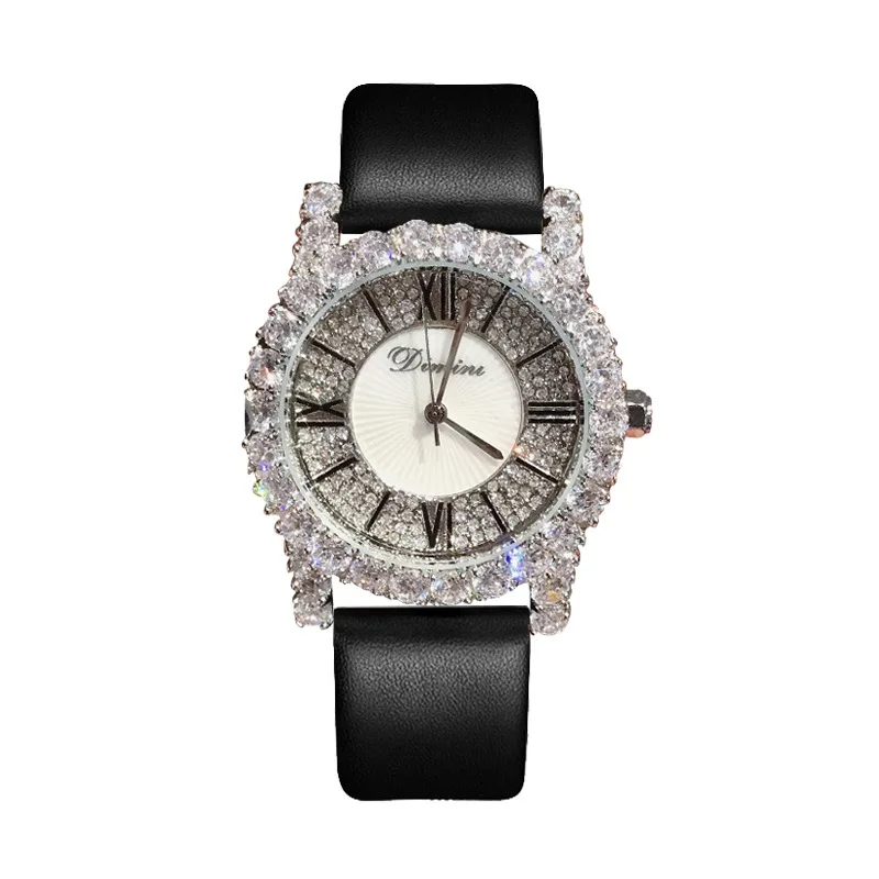 Roman Scale Rhinestone Heavy Industry Exquisite Leather strap Quartz Watch Fashionable and Versatile Waterproof Watch for Women