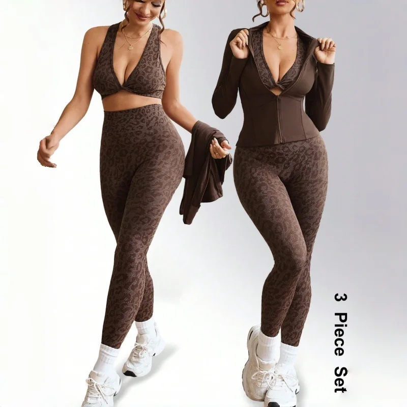 3pcs/set Women's Yoga Set Workout Set High Waist Yoga Leggings Sports Bra Gym Coat Suit Activewear Sports Fitness Set Suit