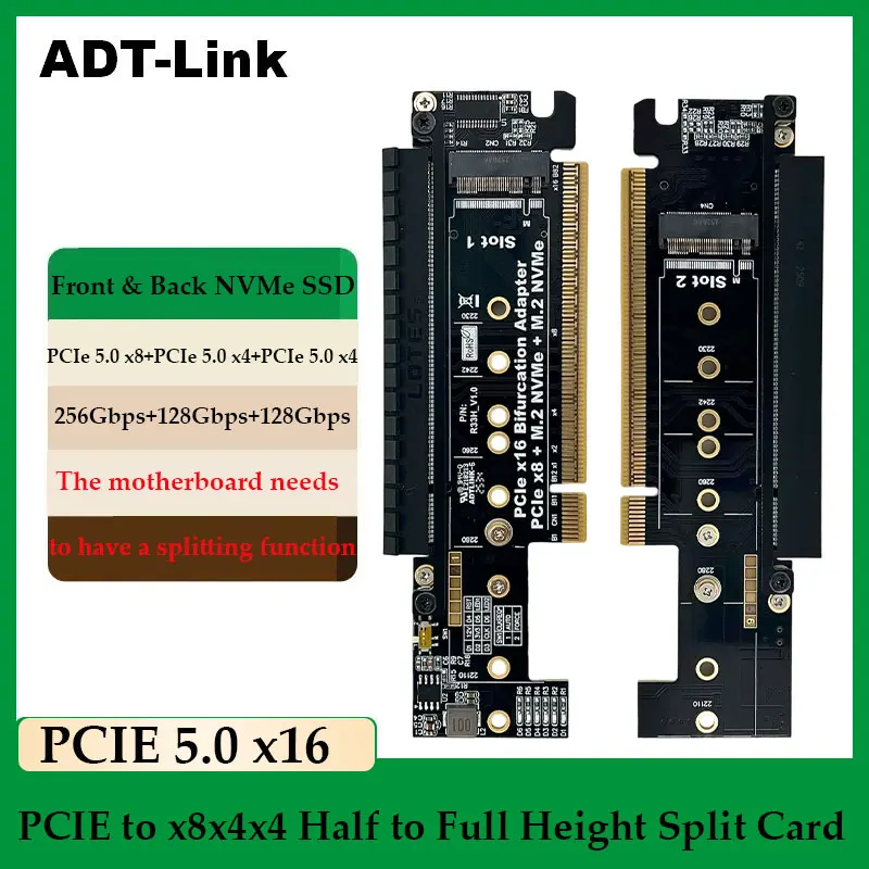 ADT-Link PCIE 5.0 x16 to x8x4x4  NVMe SSD Expansion Half height to Full height Split Card Supports Gen5 256Gbps+128Gbps+128Gbps
