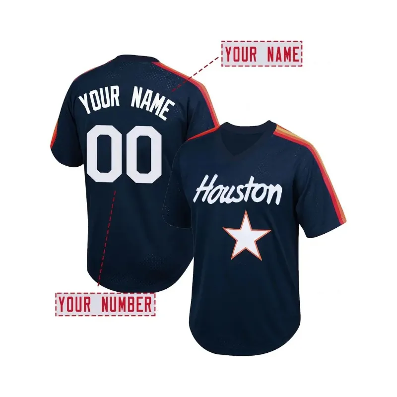 

Customized Name And Number Men's Embroidery Baseball Jersey Houston Blue V-Neck Personalized Short Sleeve Down Shirts