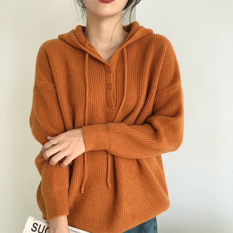 

Solid Color Women Hooded Sweater Spring Autumn Lazy Style Long Sleeve Loose Knitted Tops Girls Casual All-Match Knitwear