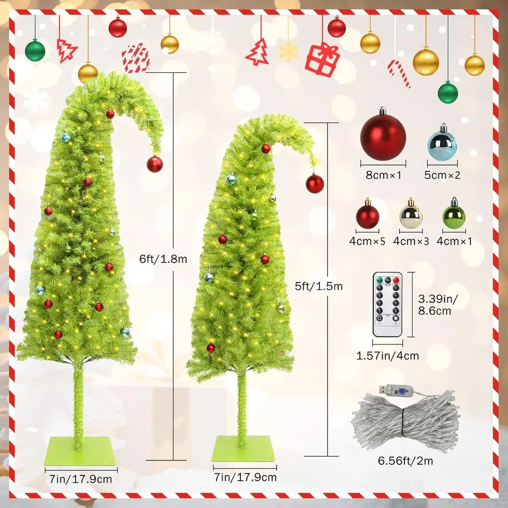 شجرة عيد الميلاد الاصطناعية القابلة للانحناء بطول 5 أقدام باللون الأخضر الليموني مع 150 مصباح LED وكرة زينة، مثالية لديكور عطلة المنزل أو المكتب