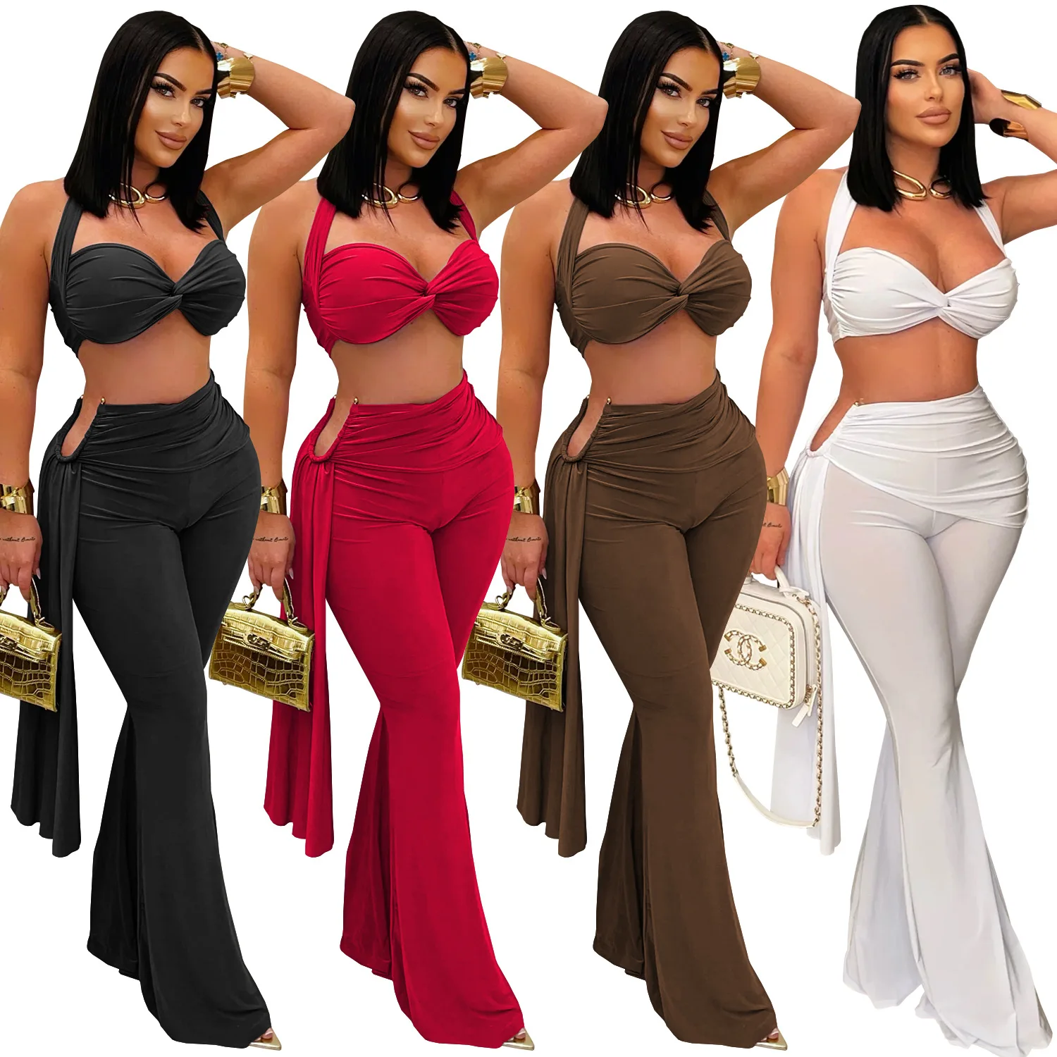 

2026 Hot Sale Fashion Flare Pants Two Pices Set for Women Sexy Halter Neck Crop Top Solid Color High Waist Stretchy Trousers