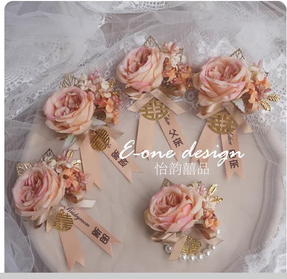 

Champagne wedding bride groom bridesmaid groomsman father mother family wedding corsage wrist flower