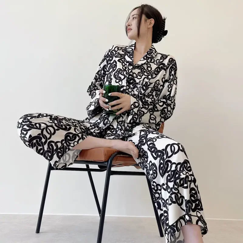 

Ice- Silk Sleepwear Women Long Sleeve Cardigan Pants Pajama Sets Two Pieces High-end Nightwear Loungewear Print Sleepwear New