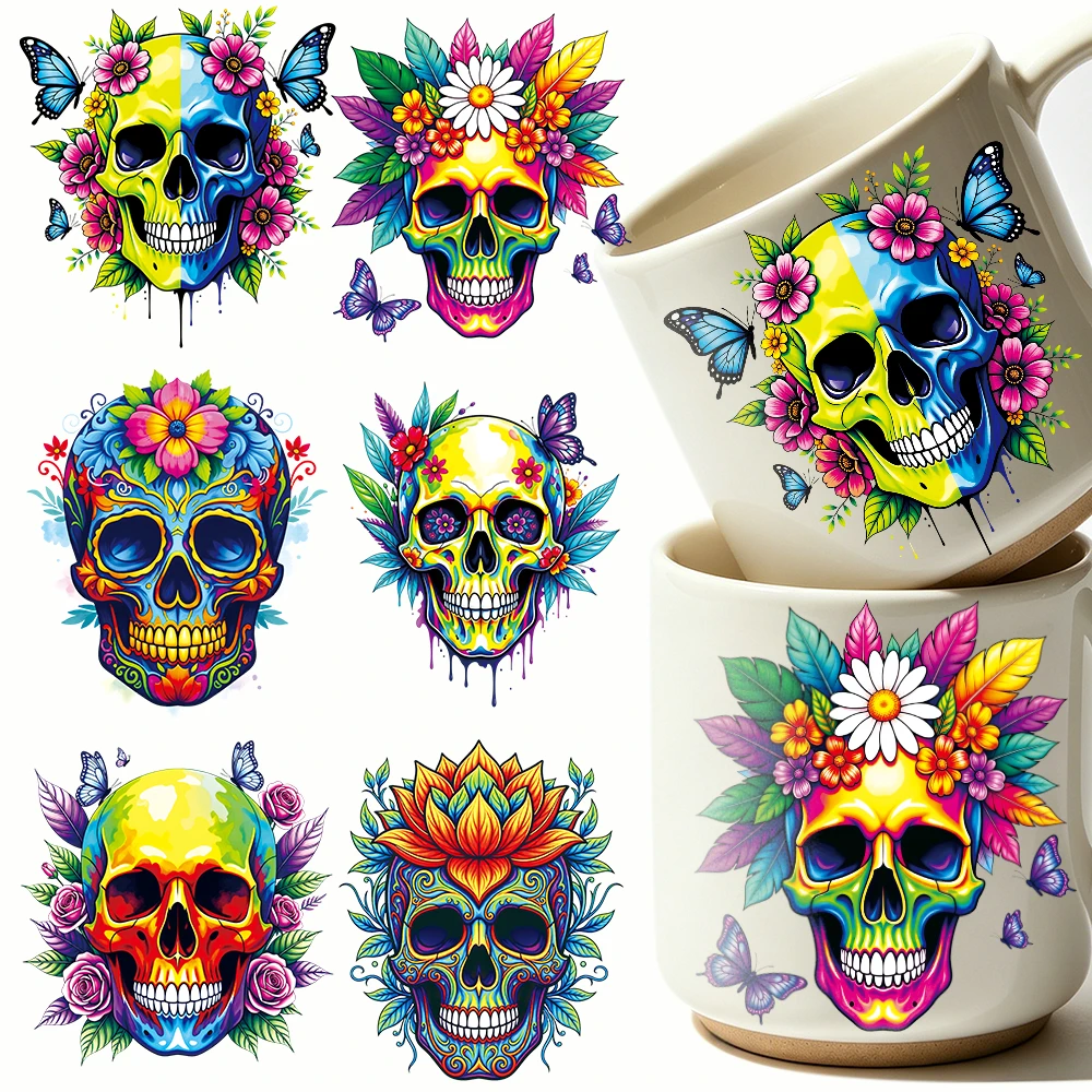 6pcs Colorful Floral Textured Skull UV DTF Transfer Stickers Daisy Rose Undead Skull Transfer Sticker Washable Stickers Decora