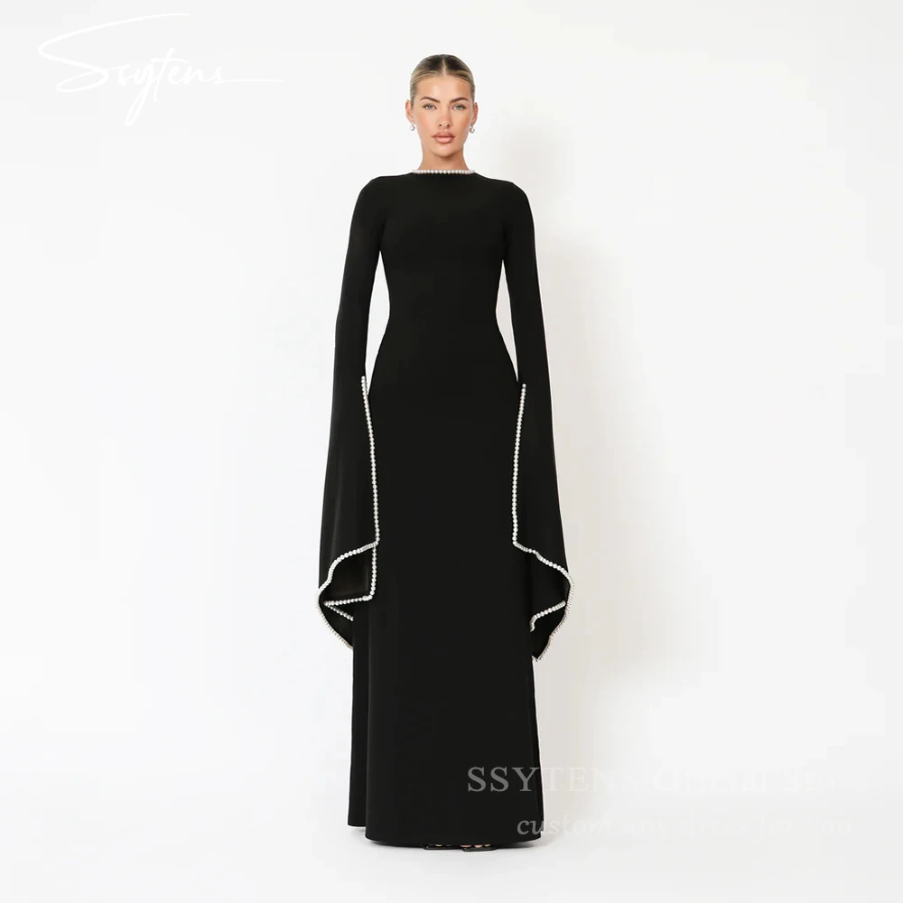 

SSYTENS Modest Wedding Guest Party Dresses Black Elegant Formal Prom Gowns for Women 2025 Pearls Long Sleeves Evening Dresses