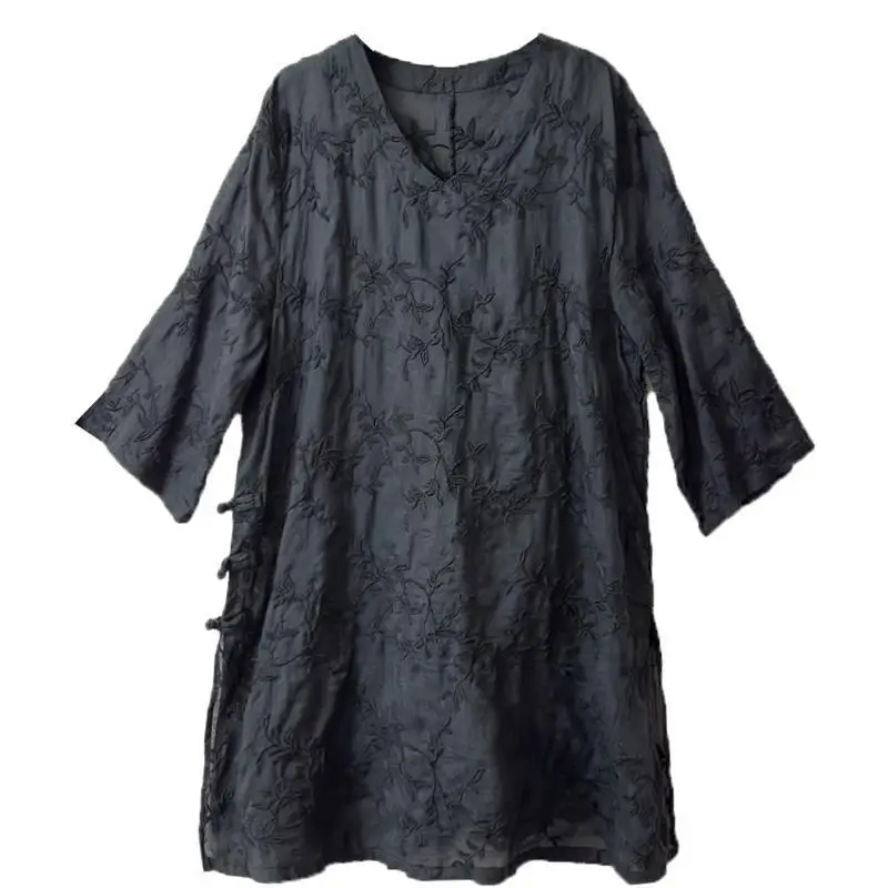 

Новинка 2023 года, летняя блузка Ramie, женская свободная рубашка средней длины в китайском стиле с v-образным вырезом, художественная рубашка, повседневные рубашки в стиле ретро с вышивкой