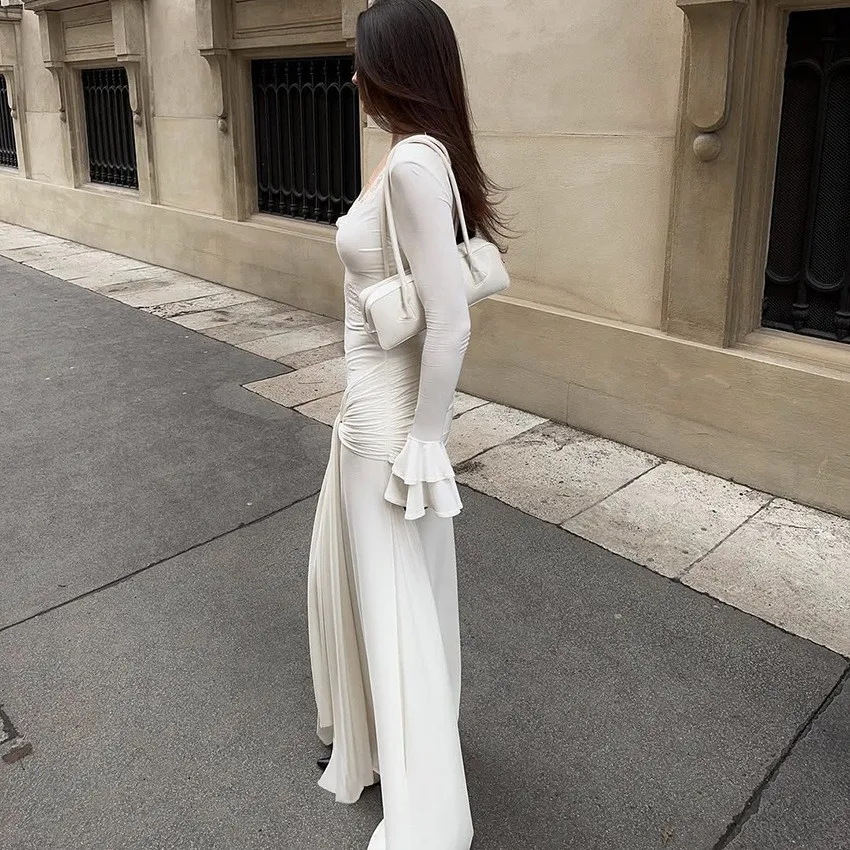 Slim Fit V Neck Gown High Waist Elegant and Refined Long Dress with Tie Detail Party Dress Commuter Chic Dance for Women